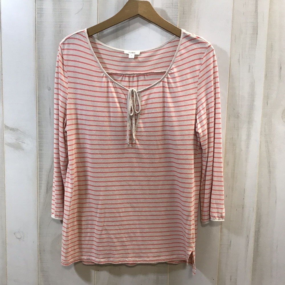 Caslon Tan Red Stripe Tie Front Top Medium Linen
